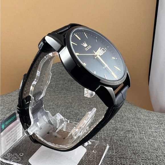 OLEVS Watches for Men Brown Leather Gold Case Analog Quartz Fashion Business - Picture 5 of 6